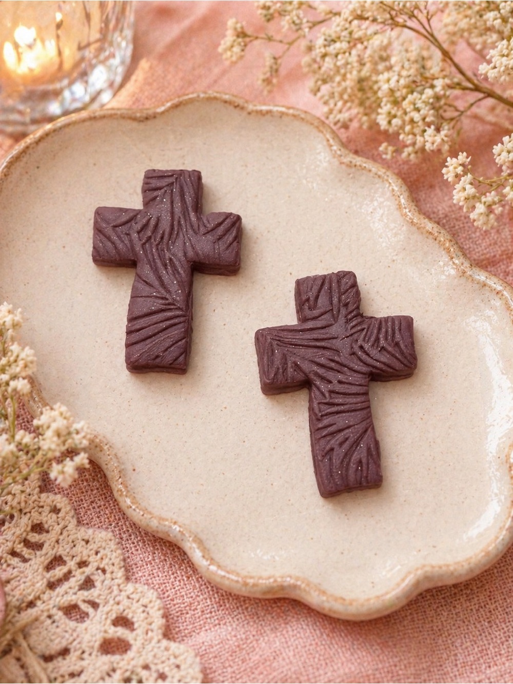 Handmade Dark Mauve Cross Handmade Polymer Clay Earrings